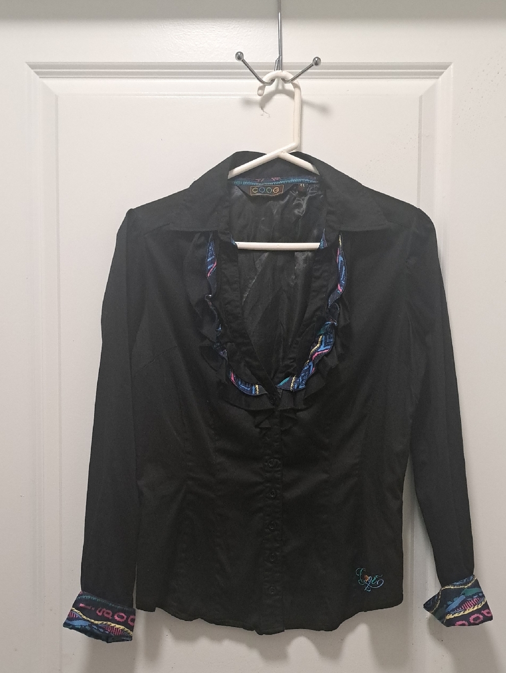 COOGI Black Long-Sleeve Button-Down Blouse with Multicolor Trim